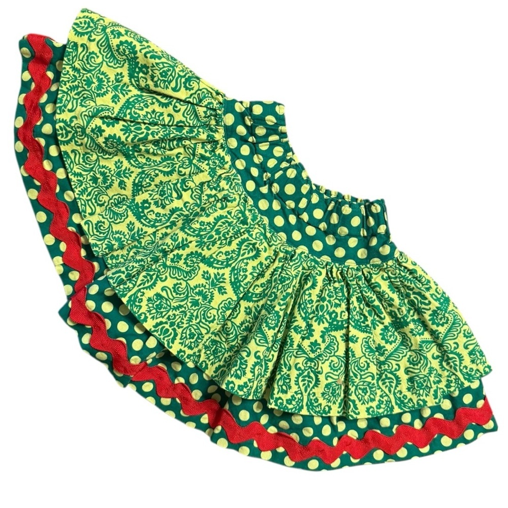 Sweet Dreams Designs Twirl Skirt Green Yellow Polka Dot Ruffle Red Trim Girls 2